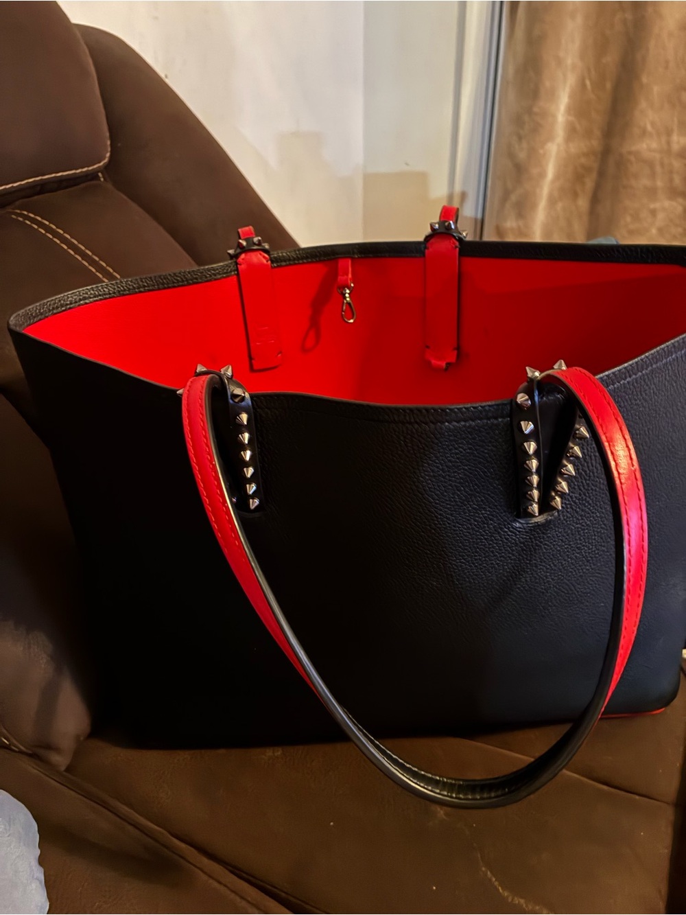 Christian Louboutin Black Tote with Red Trim and Studded Handles - Picture 6 of 9